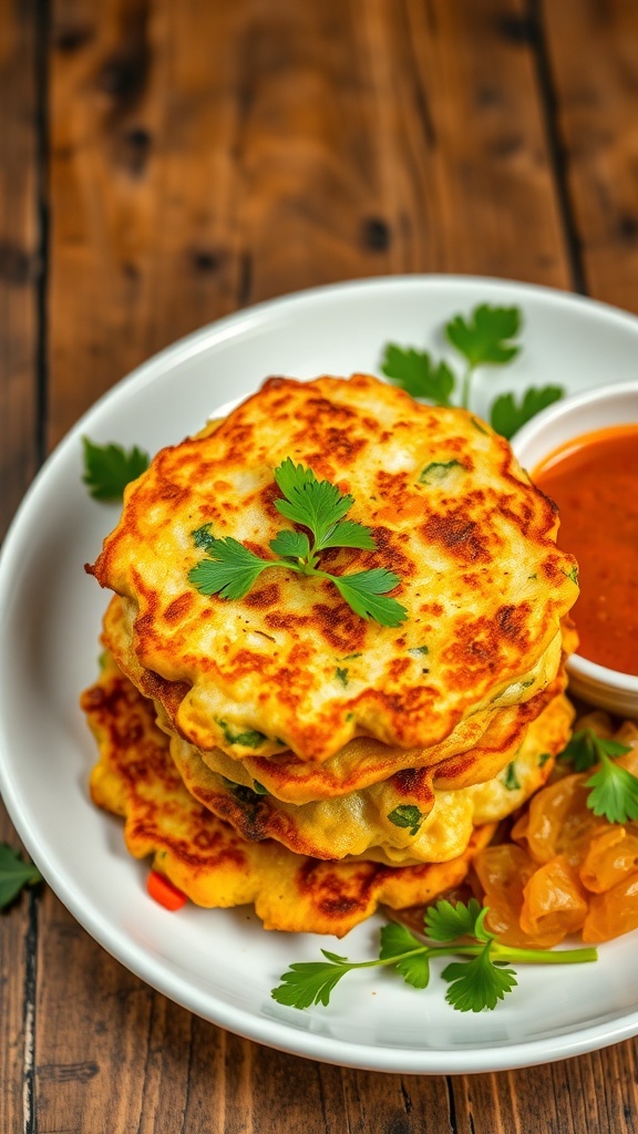 Crispy Vegetable Pancakes Recipe Crispy vegetable pancakes on a plate, garnished with herbs and served with dipping sauce.